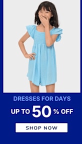 The image shows a young woman wearing a light blue dress with puff sleeves, standing with her hand covering her mouth in a playful gesture against a plain blue background.