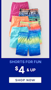 Colorful and vibrant swim shorts in various patterns and designs, displayed against a plain white background with a promotional text "Shorts for Fun $4 & up" and a "Shop Now" button.