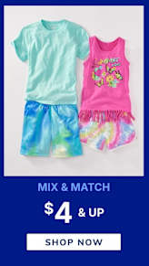 Colorful children's clothing items, including a mint green t-shirt and a pink tie-dye tank top, against a blue background with a "Mix & Match $4 & Up"