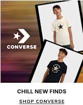 The image features two young individuals wearing Converse t-shirts against a blurred background with the Converse logo, promoting "Chill New Finds" and inviting viewers to shop Converse products.