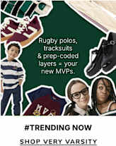 Rugby polos, tracksuits, and prep-coded layers are featured prominently in the image, along with the text "#TRENDING NOW" and "SHOP VERY VARSITY", suggesting a fashion or retail context.