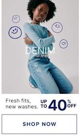 The image features a young person with curly dark hair wearing a light blue denim outfit, standing against a plain white background with several blue smiley face icons surrounding them. The text at the bottom of the image advertises "Fresh fits, new washes" and a sale of up to 50% off.