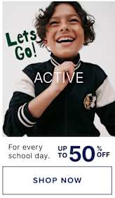 A smiling young person wearing a black and white athletic jacket with the text "ACTIVE" and "Let's Go!" displayed prominently in the background.