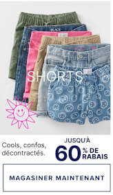 L'image présente une variété de shorts colorés et à motifs, notamment des options vert olive, rose et denim, ainsi qu'une icône de soleil et le texte « Pour chaque jour d'école. 5 $ et plus. ACHETEZ MAINTENANT. »