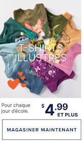 Un assortiment coloré de t-shirts graphiques, présentant divers motifs et designs, est présenté sur un fond uni, accompagné d'un message promotionnel les proposant à un prix de 4,99 $ et plus.