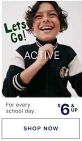A smiling young person wearing a black and white athletic jacket with the text "ACTIVE" and "Let's Go!" displayed prominently in the background.