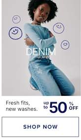 The image features a young person with curly dark hair wearing a light blue denim outfit, standing against a plain white background with several blue smiley face icons surrounding them. The text at the bottom of the image advertises "Fresh fits, new washes" and a sale of up to 50% off.