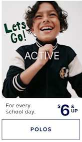 A smiling young person wearing a black and white athletic jacket with the text "ACTIVE" and "Let's Go!" displayed prominently in the background.