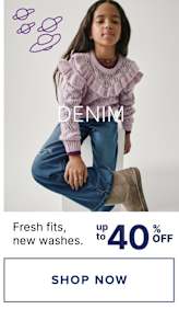 The image features a young person with curly dark hair wearing a light blue denim outfit, standing against a plain white background with several blue smiley face icons surrounding them. The text at the bottom of the image advertises "Fresh fits, new washes" and a sale of up to 50% off.