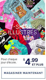 Un assortiment coloré de t-shirts graphiques, présentant divers motifs et designs, est présenté sur un fond uni, accompagné d'un message promotionnel les proposant à un prix de 4,99 $ et plus.