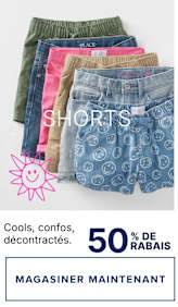 L'image présente une variété de shorts colorés et à motifs, notamment des options vert olive, rose et denim, ainsi qu'une icône de soleil et le texte « Pour chaque jour d'école. 5 $ et plus. ACHETEZ MAINTENANT. »