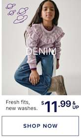 The image shows a young woman with long dark hair wearing a pink ruffled sweater and sitting on a plain background with some doodle-like shapes in the upper left corner. The text below the image advertises "Fresh fits, new washes" and offers up to 40% off.