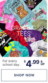 A vibrant collection of graphic t-shirts featuring various designs and slogans, with a price range of $4.99 and up displayed prominently.