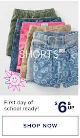 The image displays a variety of colorful and patterned shorts, including olive green, pink, and denim-colored options, along with a sun icon and the text "For every school day. $5 & up. SHOP NOW."