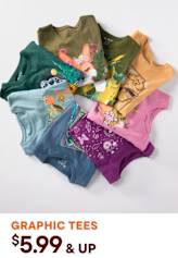 A colorful pile of graphic t-shirts in various vibrant designs and patterns, with a price tag of $5.99 and up displayed prominently.