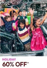 A group of excited children in colorful outfits are riding on an amusement park ride, with a holiday discount advertisement in the background.