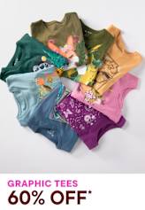 A colorful pile of graphic t-shirts in various vibrant designs and patterns, with a promotional text overlay advertising a 60% discount on the graphic tees.