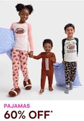 The image features three young children wearing various pajama sets, including a pink top with a football design, a brown onesie, and a black and white patterned set. The children are standing in front of a plain white background, and the text "PAJAMAS 60% OFF*" is displayed prominently at the bottom of the image.