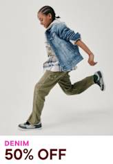A person in a denim jacket and cargo pants is jumping and running against a plain white background, with a "Denim 50% OFF" text overlay.