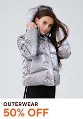 A young woman wearing a gray puffy jacket stands against a plain white background, with a 50% off outerwear sale text overlaid on the image.