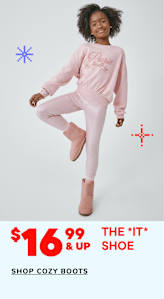 The image shows a young woman wearing a pink sweatsuit and ugg-style boots, posing against a plain white background with various graphic elements, including a snowflake symbol and price tags.