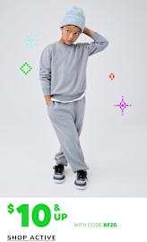 A young person wearing a gray sweatsuit and beanie stands against a plain white background, with colorful geometric shapes and a "$10 & up" promotional offer displayed around them.
