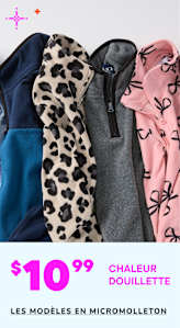 Une collection de vêtements chauds et confortables en micropolaire, comprenant une écharpe à imprimé léopard, un sweat-shirt gris et un haut rose à motifs, présentés sur un fond uni avec un prix de 10,99 $ et plus.