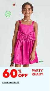 The image shows a young girl wearing a bright pink dress with a large bow, standing against a plain white background with some green and red graphic elements.