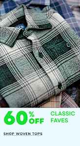 The image shows a stack of plaid shirts, with various shades of green and white patterns, along with a text overlay promoting "Classic Faves" and "Shop Woven Tops".