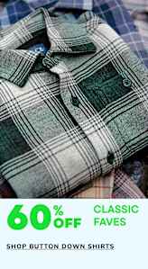 The image shows a stack of plaid shirts, with various shades of green and white patterns, along with a text overlay promoting "Classic Faves" and "Shop Woven Tops".