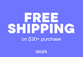 The image displays the text "FREE SHIPPING" in large white letters against a bright blue background, along with the additional text "on $30+ purchase" and "details" below.