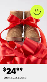 The image shows a young woman wearing a pink sweatsuit and ugg-style boots, posing against a plain white background with various graphic elements, including a snowflake symbol and price tags.