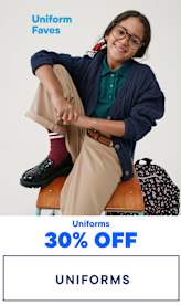 The image shows a smiling young woman wearing glasses, a navy blue sweater, and khaki pants, sitting on a stool and holding a pair of black shoes. The background is a plain white surface with the text "Uniform Faves" and "Uniforms 30% OFF" prominently displayed.