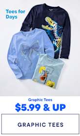 The image displays a collection of graphic t-shirts featuring various designs, including a dragonfly, a dinosaur skeleton, and an abstract pattern. The t-shirts are presented against a plain background, with the text "Tees for Days" and "Graphic Tees $5.99 & UP" prominently displayed.