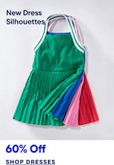 A vibrant, pleated dress with colorful stripes hangs against a plain white background, with text advertising "New Dress Silhouettes" and "60% Off" at the bottom.