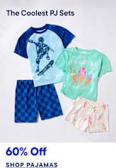 Two pajama sets, one with a skateboarder graphic and checkered shorts, and another with ice cream cones on the shirts and shorts, are displayed against a plain white background with promotional text at the top and bottom.