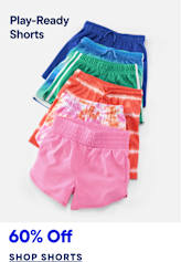 A stack of colorful shorts, ranging from pink to blue, are displayed against a plain white background with sale information at the bottom.