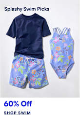 A navy blue rash guard and floral swim trunks are displayed in the foreground against a white background, with "Splashy Swim Picks" at the top and "60% Off SHOP SWIM" at the bottom.