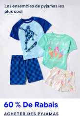 Quatre pyjamas pour enfants, deux t-shirts et deux shorts sont disposés sur un fond blanc uni avec le texte « Approuvé pour les soirées pyjama » en haut et « 60 % de réduction sur les pyjamas » en bas.