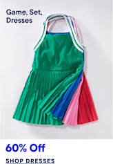 A vibrant, pleated tennis dress with colorful stripes hangs against a plain white background, with a "60% Off Shop Dresses" sale banner at the bottom.