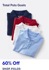 Four folded polo shirts in red, white, navy, and light blue are arranged diagonally in the foreground against a plain white background with text overlaying the top and bottom.