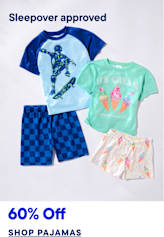 Four children's pajamas, two t-shirts and two pairs of shorts, are arranged on a plain white background with the text "Sleepover approved" at the top and "60% Off SHOP PAJAMAS" at the bottom.