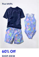 A navy blue t-shirt and floral swim trunks are laid out next to a floral swimsuit on a white background, with "Pool MVPs" at the top and "60% Off SHOP SWIM" at the bottom.
