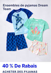Deux pyjamas pour enfants, l'un avec un motif de skateboard et un short à carreaux, l'autre avec des cornets de glace et un short à motifs, sont présentés sur un fond blanc uni avec une bannière « 40 % de réduction sur les pyjamas » en bas.