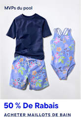 Au premier plan, on aperçoit un t-shirt bleu marine et un short de bain à fleurs, avec un maillot de bain à fleurs à droite, le tout sur un fond blanc uni.