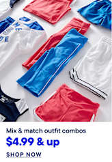 A collection of colorful athletic wear, including shorts and shirts, is arranged on a white background.