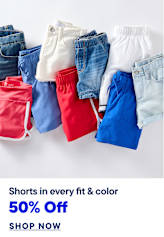 A collection of colorful shorts are neatly arranged in the foreground, with a white background.