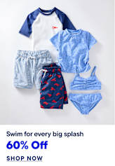 A collection of children's swimwear, including a t-shirt, swim trunks, and a bikini, are neatly arranged on a plain white background.