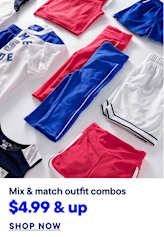 A collection of colorful athletic wear, including shorts and shirts, is arranged on a white background.