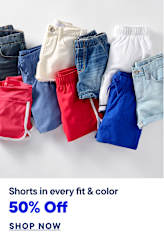 A collection of colorful shorts are neatly arranged in the foreground, with a white background.